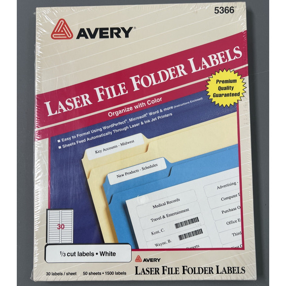 Avery Laser File Folder Labels White #5366 Sealed New 2/3 " X 3 7/16" Stickers - Picture 1 of 7